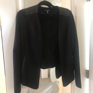 Eileen Fisher black blazer with leather shoulder panels